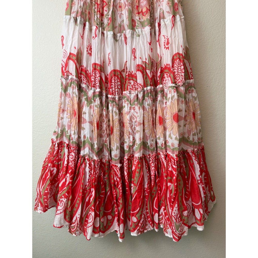 Free People Red Paisley Floral Tiered Maxi Skirt Smocked Cotton Boho Size - Picture 6 of 10